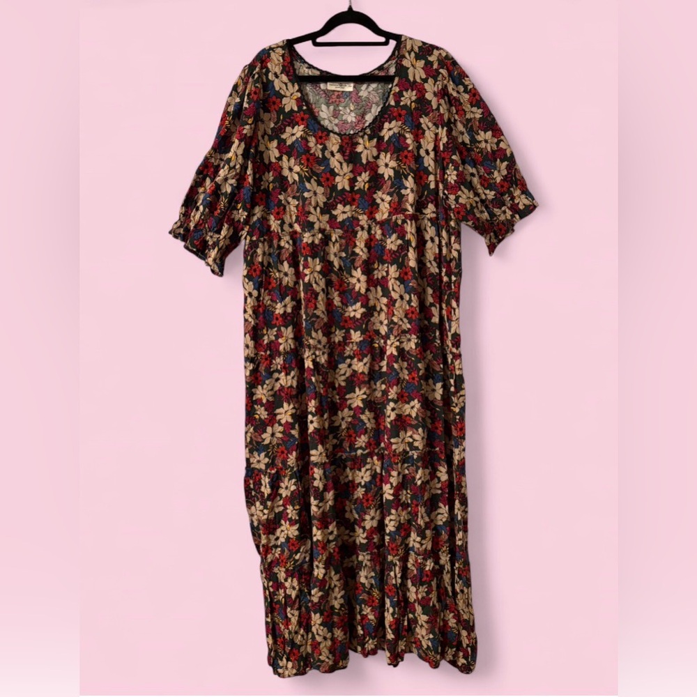 NATURAL LIFE Black Floral Maxi Dress with Red and Cream Accents